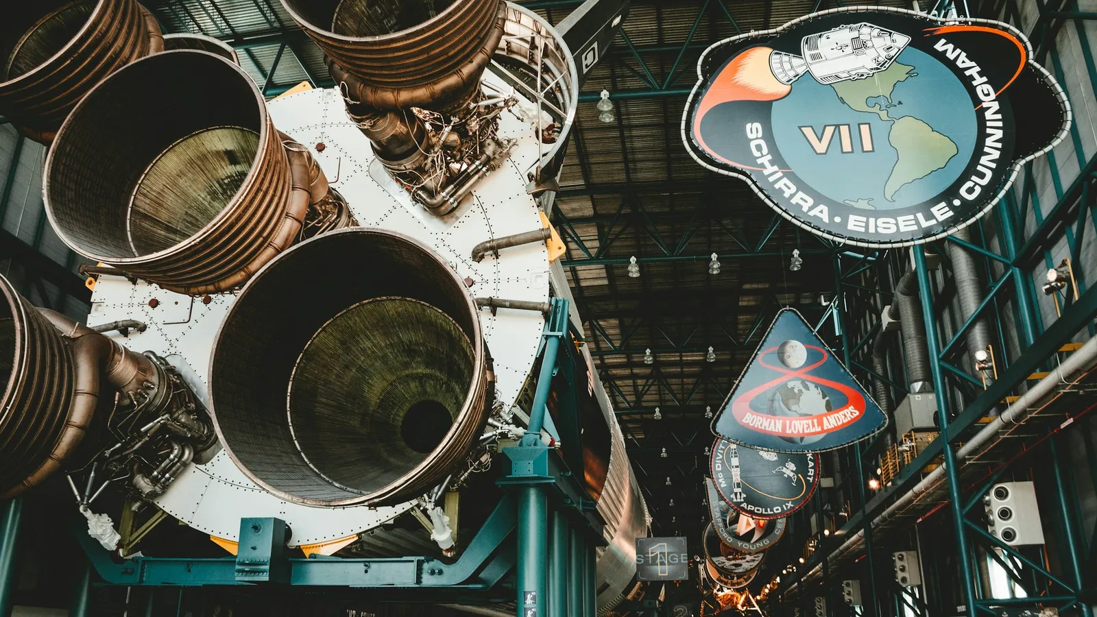 The huge engine nozzles of a Saturn V rocket on display