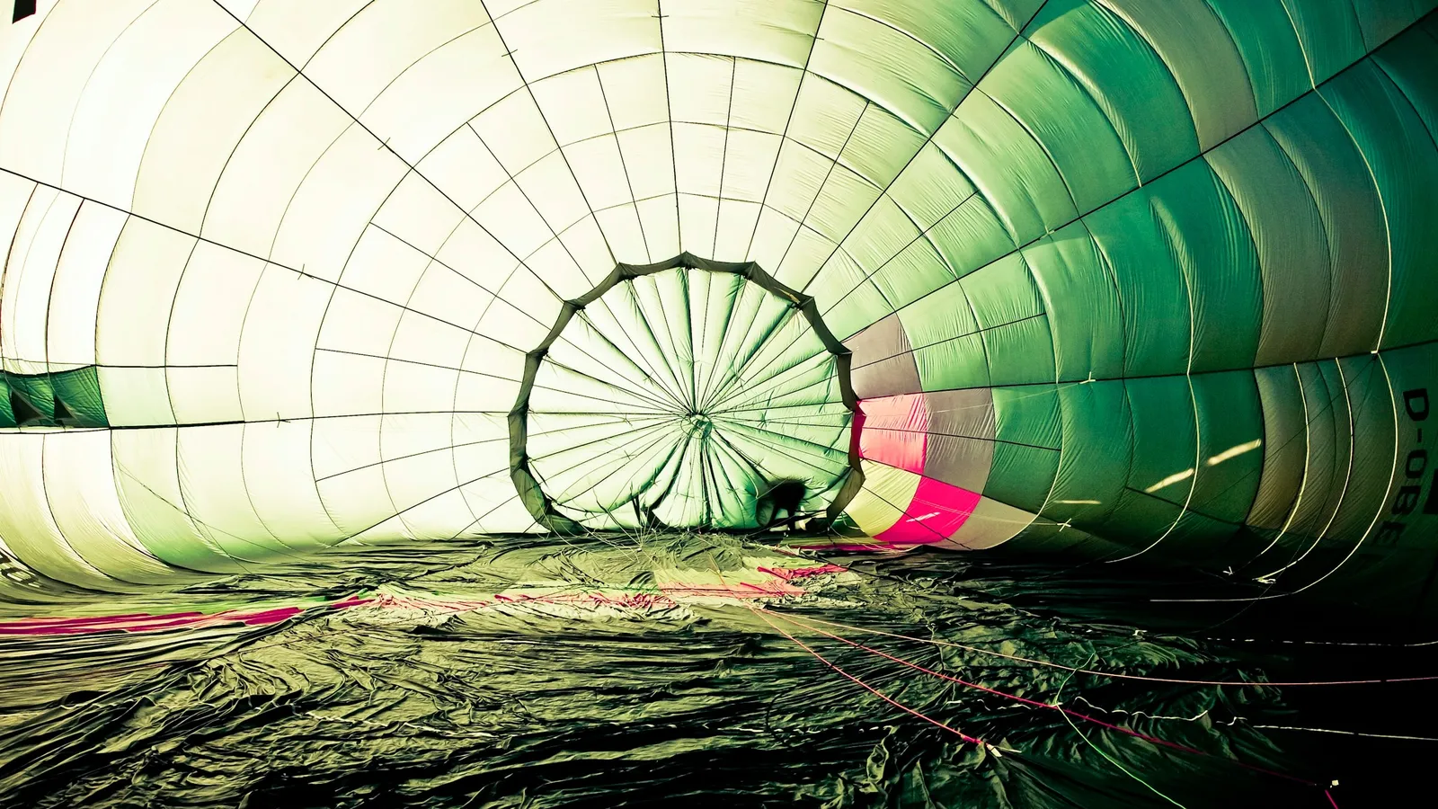 The inside of a hot air balloon being inflated