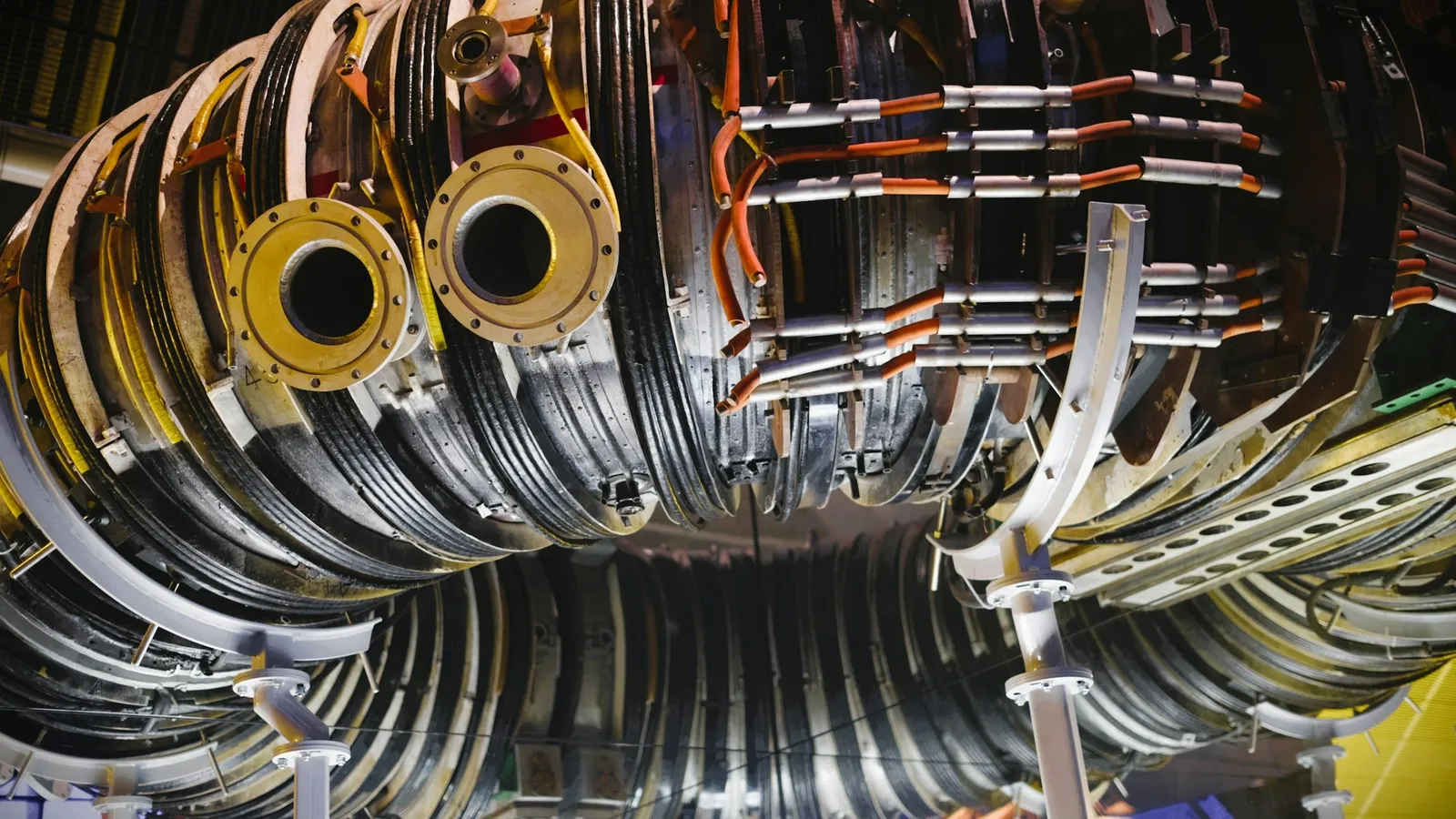The inside of a large particle detector ringed with magnets