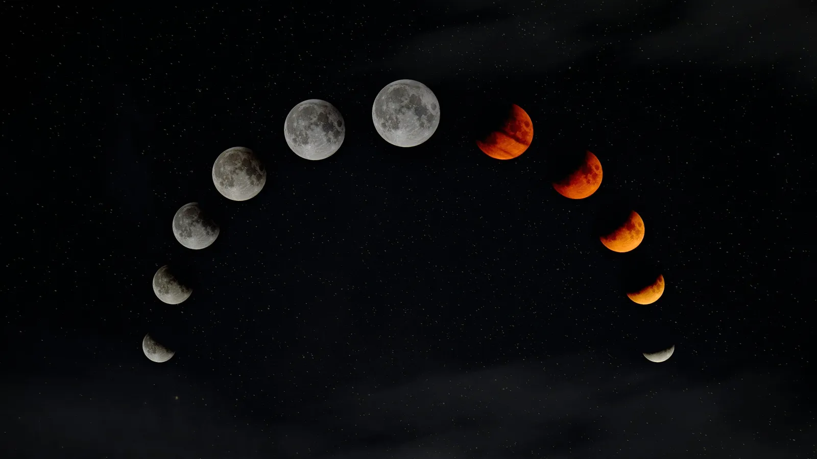 The phases of a lunar eclipse arranged in an arc