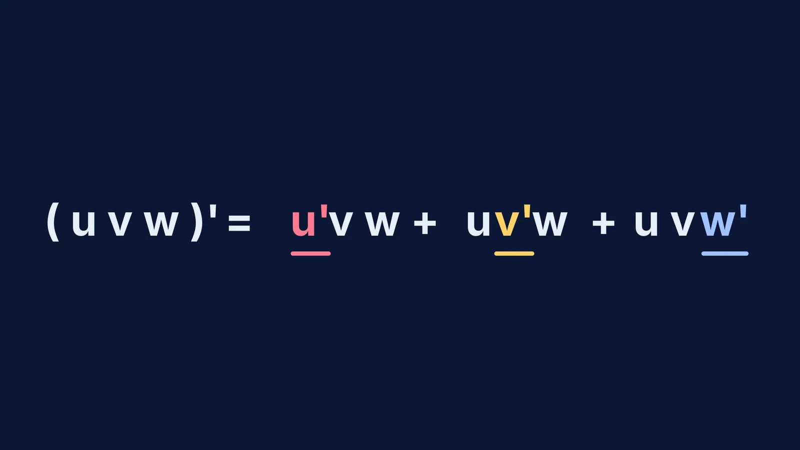 The product rule formula for three functions with highlighted derivatives