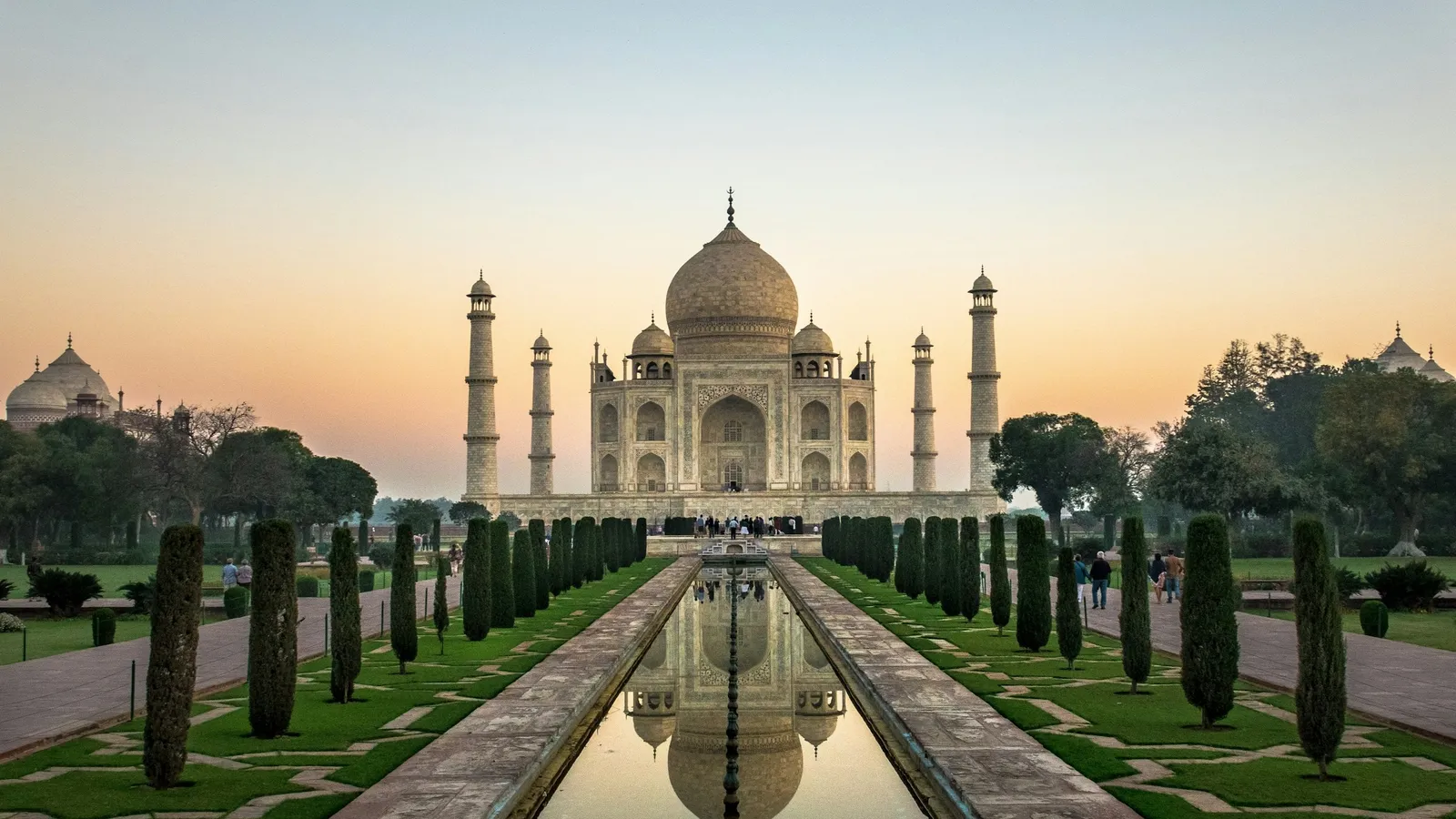 The Taj Mahal reflected in its long garden pool