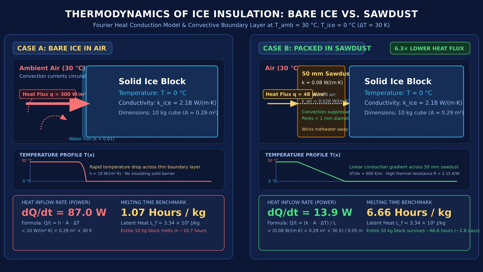 Thermodynamic comparison of heat flux between bare ice and sawdust-packed ice