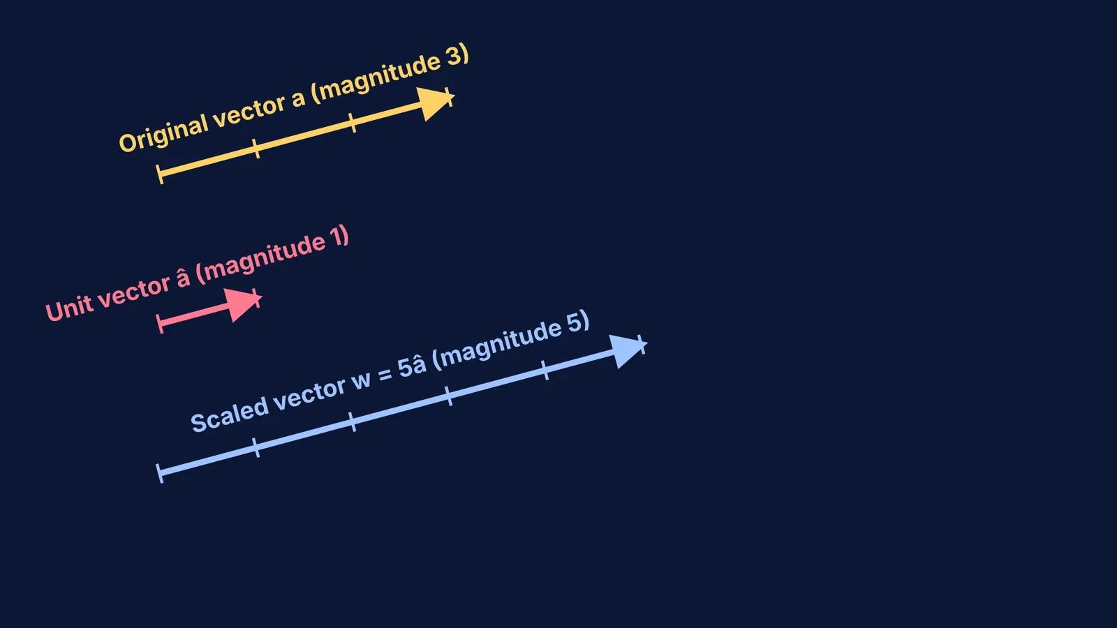 Three parallel vectors showing the original vector a, the unit vector â, and the scaled vector 5â.