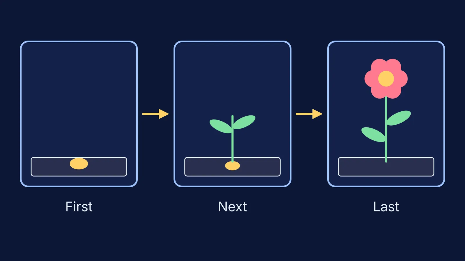 Three picture cards in order: seed, sprout, flowering plant, labelled first, next, last