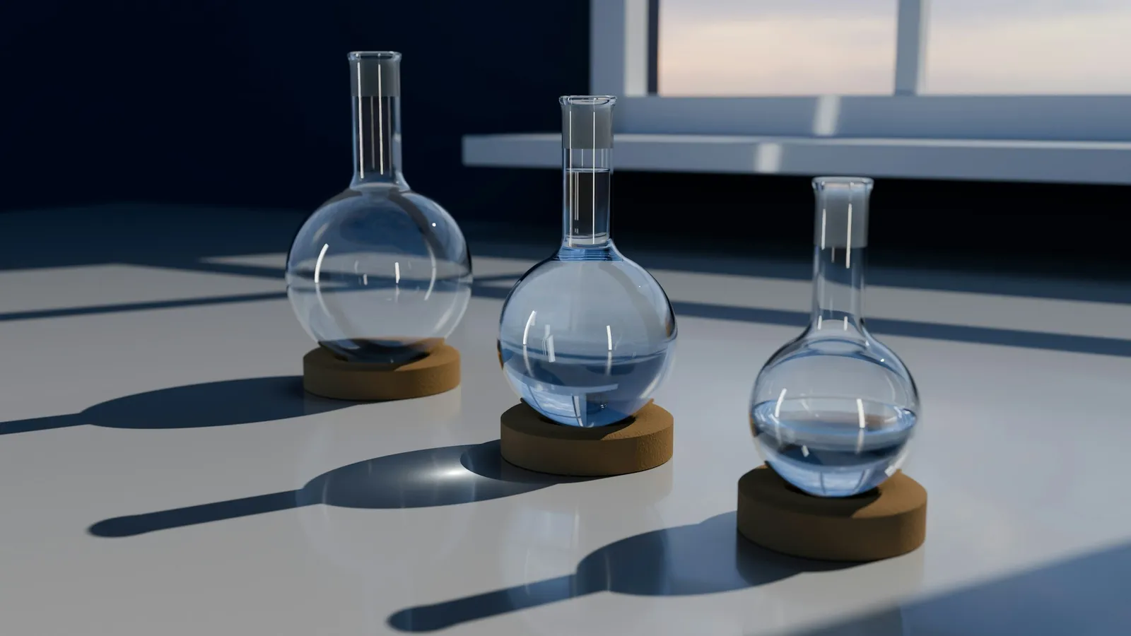 Three round glass flasks on a lab bench