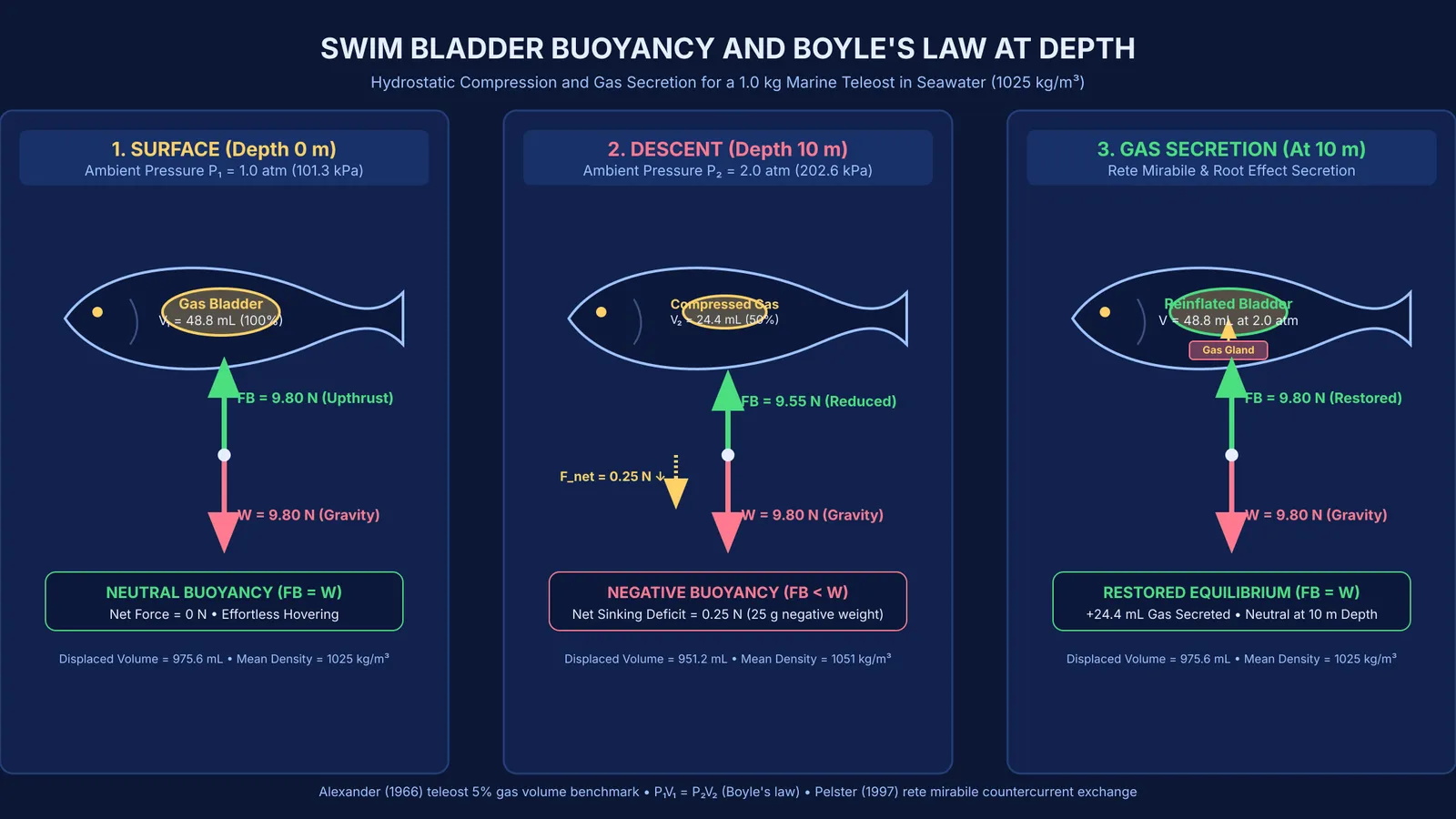 Three stages of fish swim bladder volume and buoyancy forces during descent and gas secretion