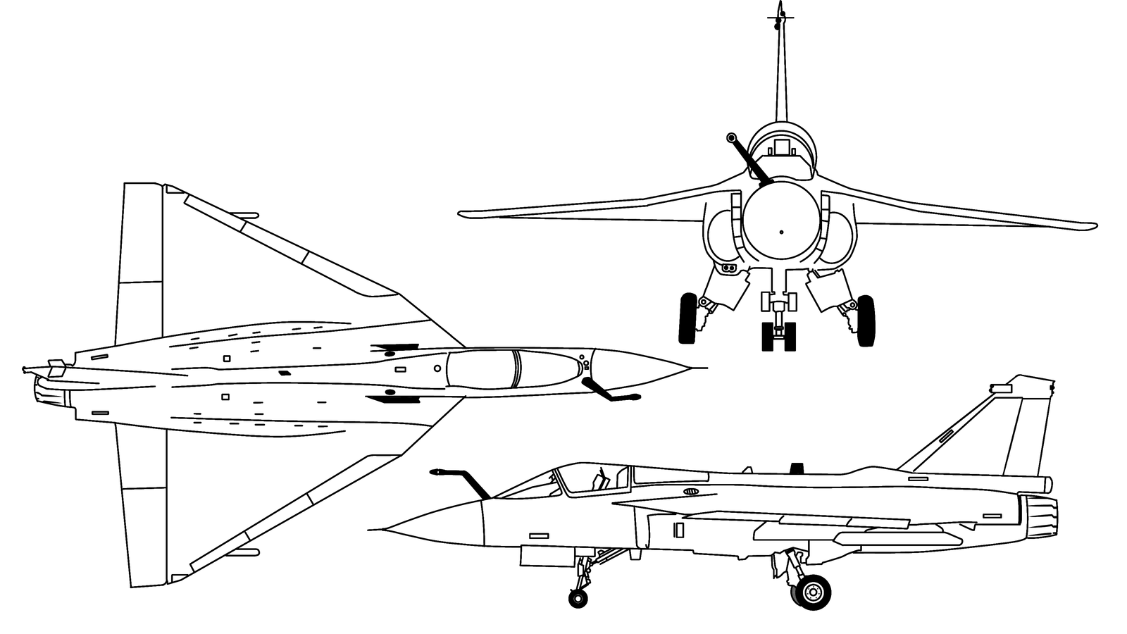 Three-view engineering line drawing of the HAL Tejas Mark 1A fighter aircraft