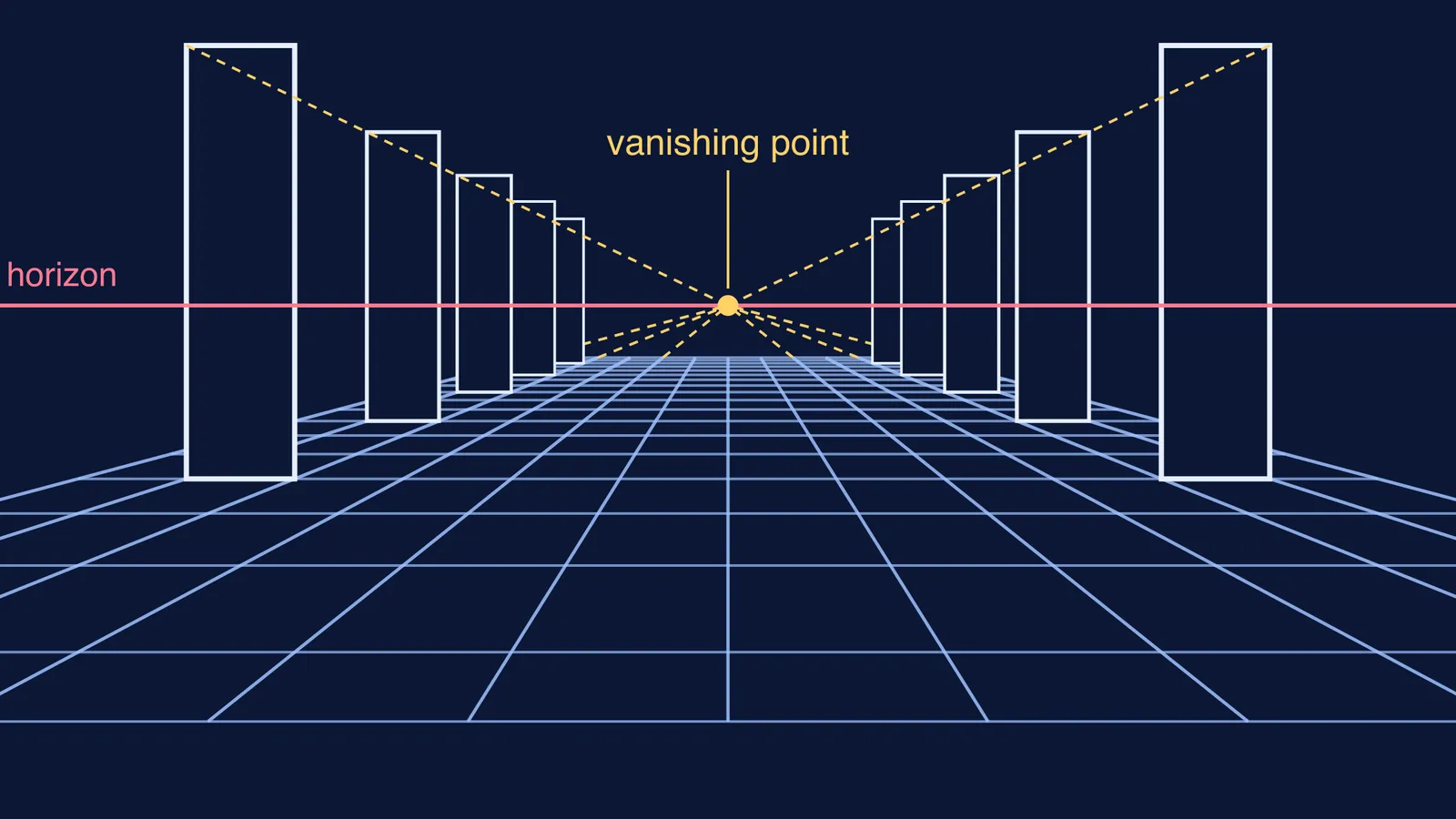 Tiled floor and pillars in one-point perspective converging to a vanishing point