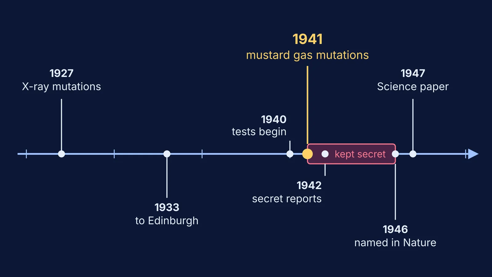 Timeline from Muller's 1927 X-ray work to Auerbach's 1941 mustard gas discovery