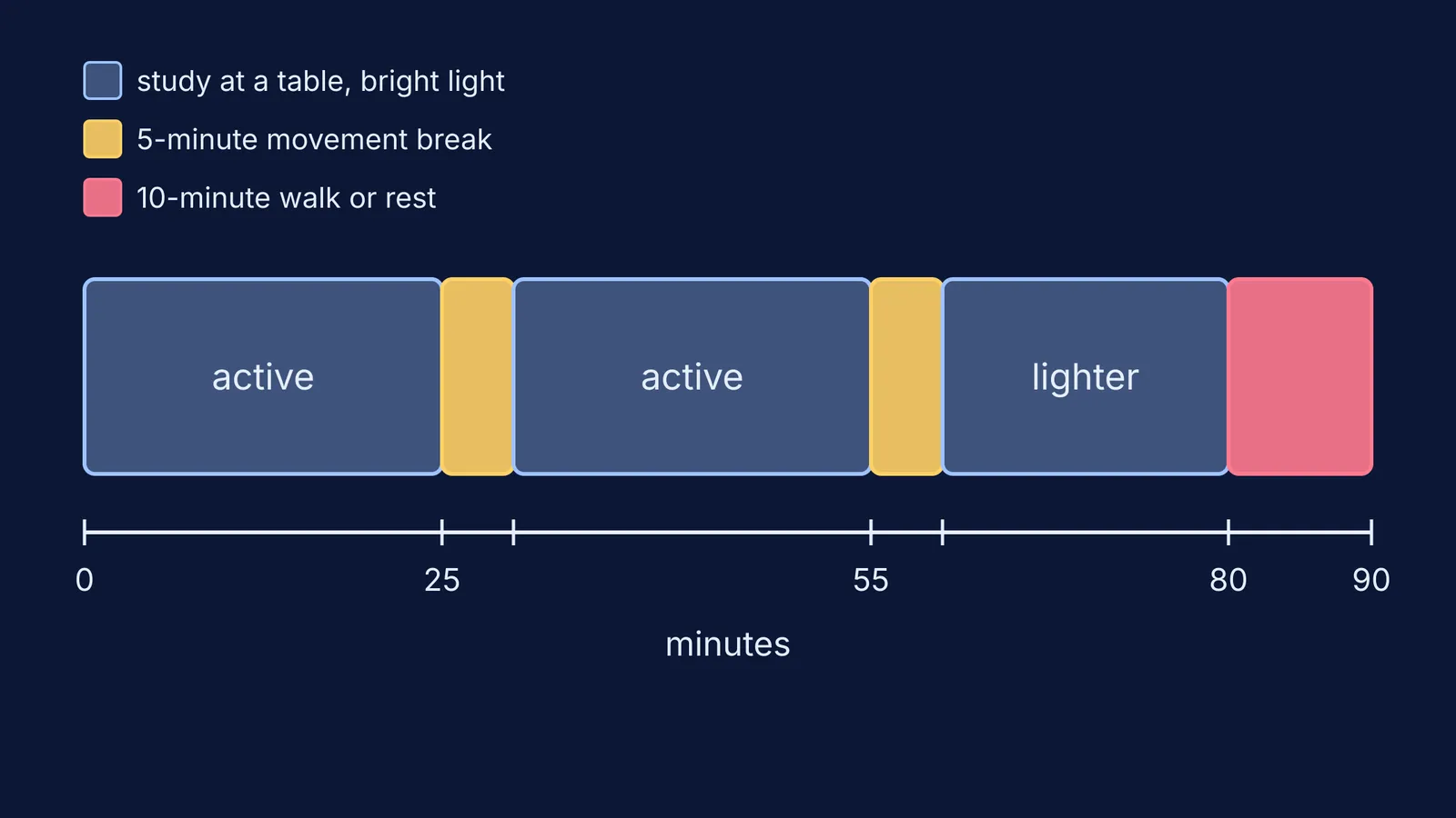 Timeline of a 90-minute study block with short movement breaks