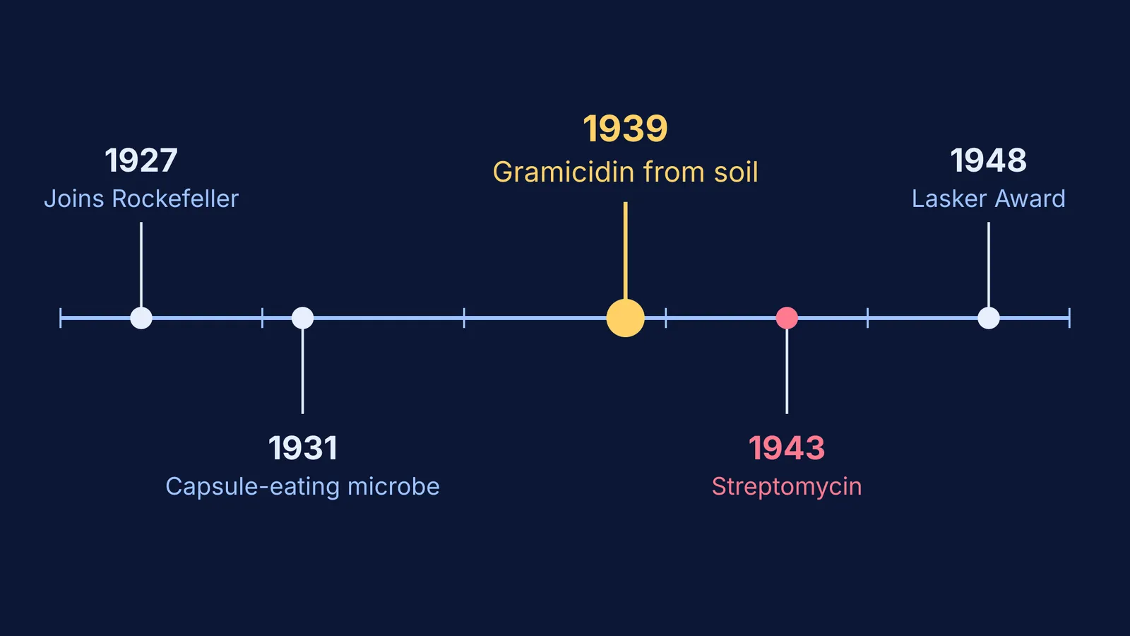 Timeline of Dubos's soil antibiotic work and its legacy, 1927 to 1948
