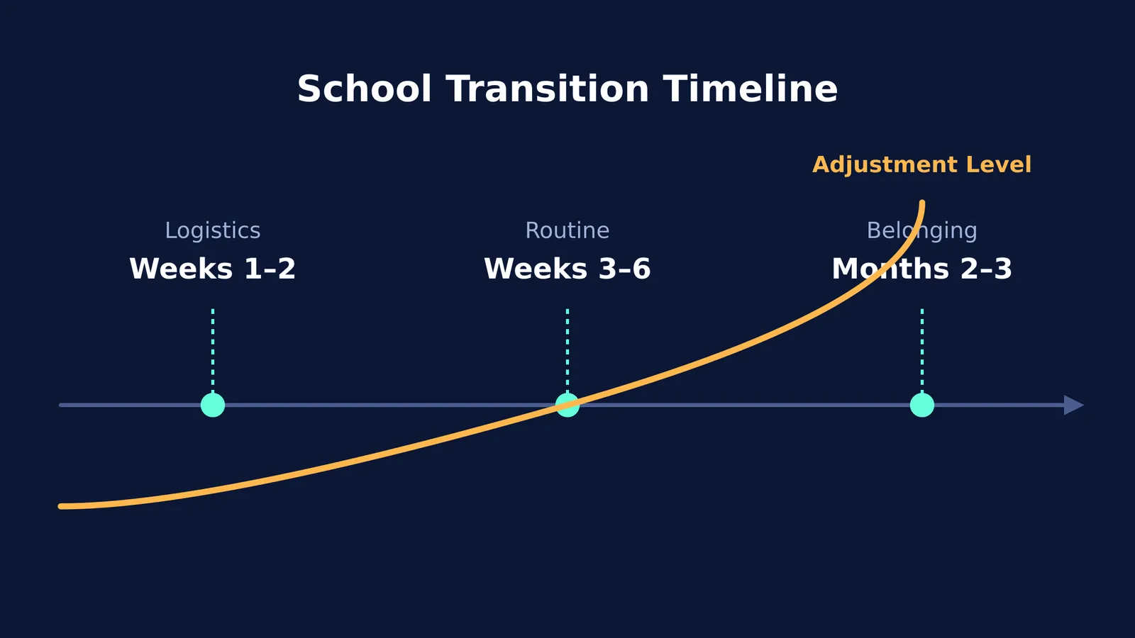 Timeline showing school adjustment improving across logistics, routine and belonging phases.