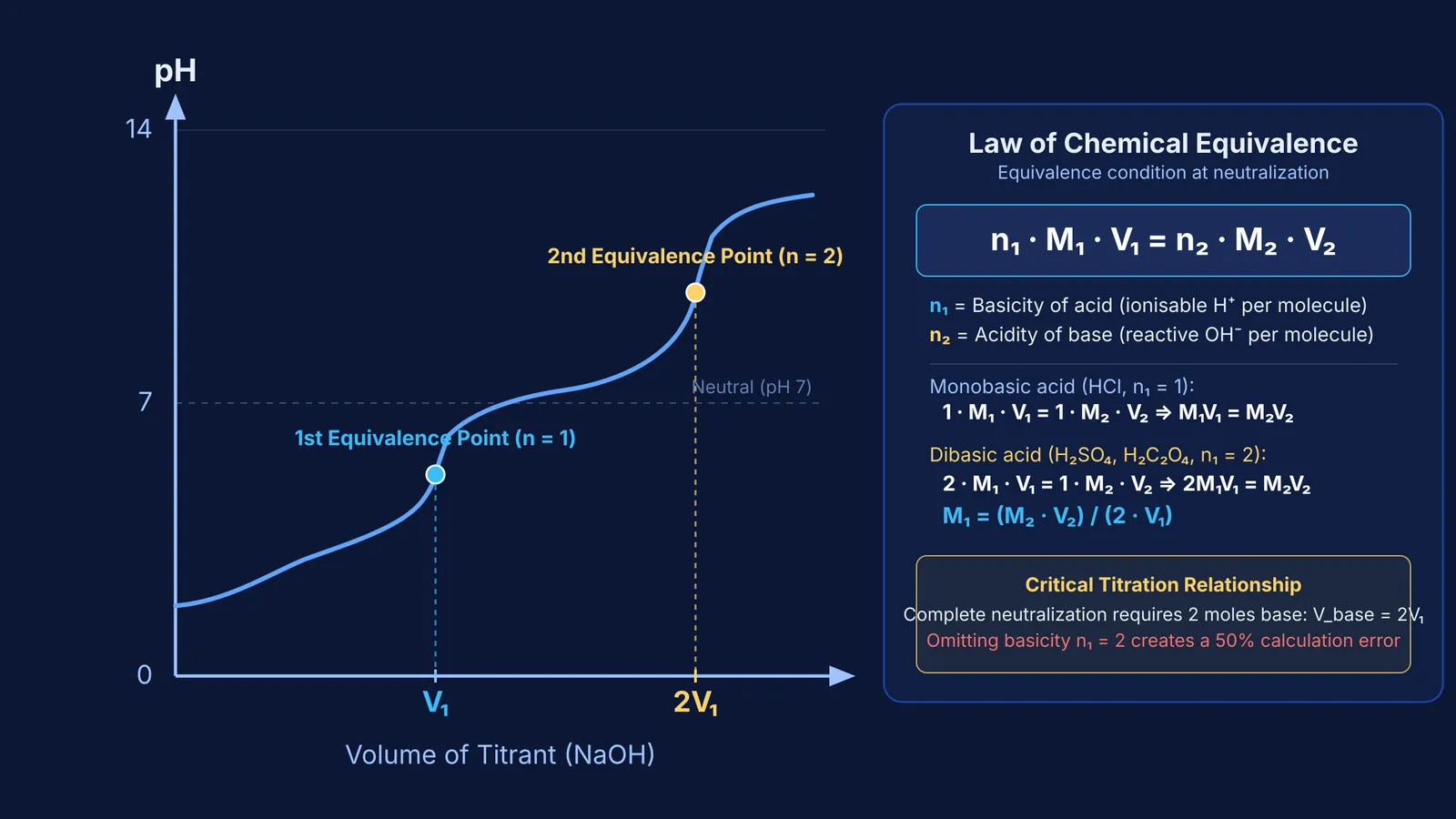 Titration curve of a diprotic acid showing two equivalence points and basicity equation.
