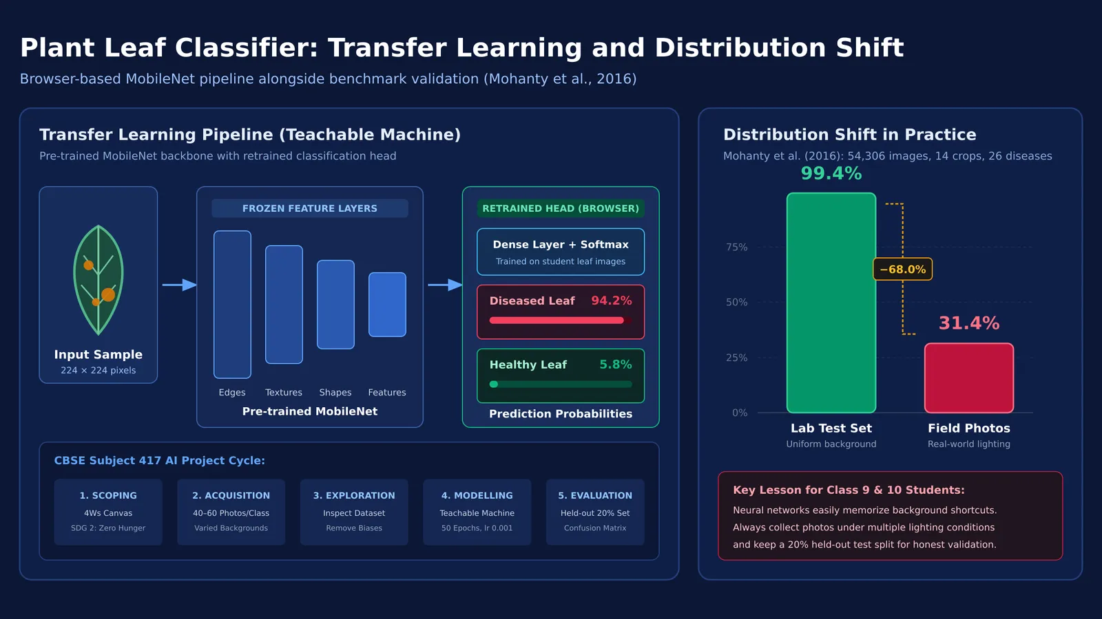 Transfer learning leaf classifier pipeline and test accuracy drop under field conditions