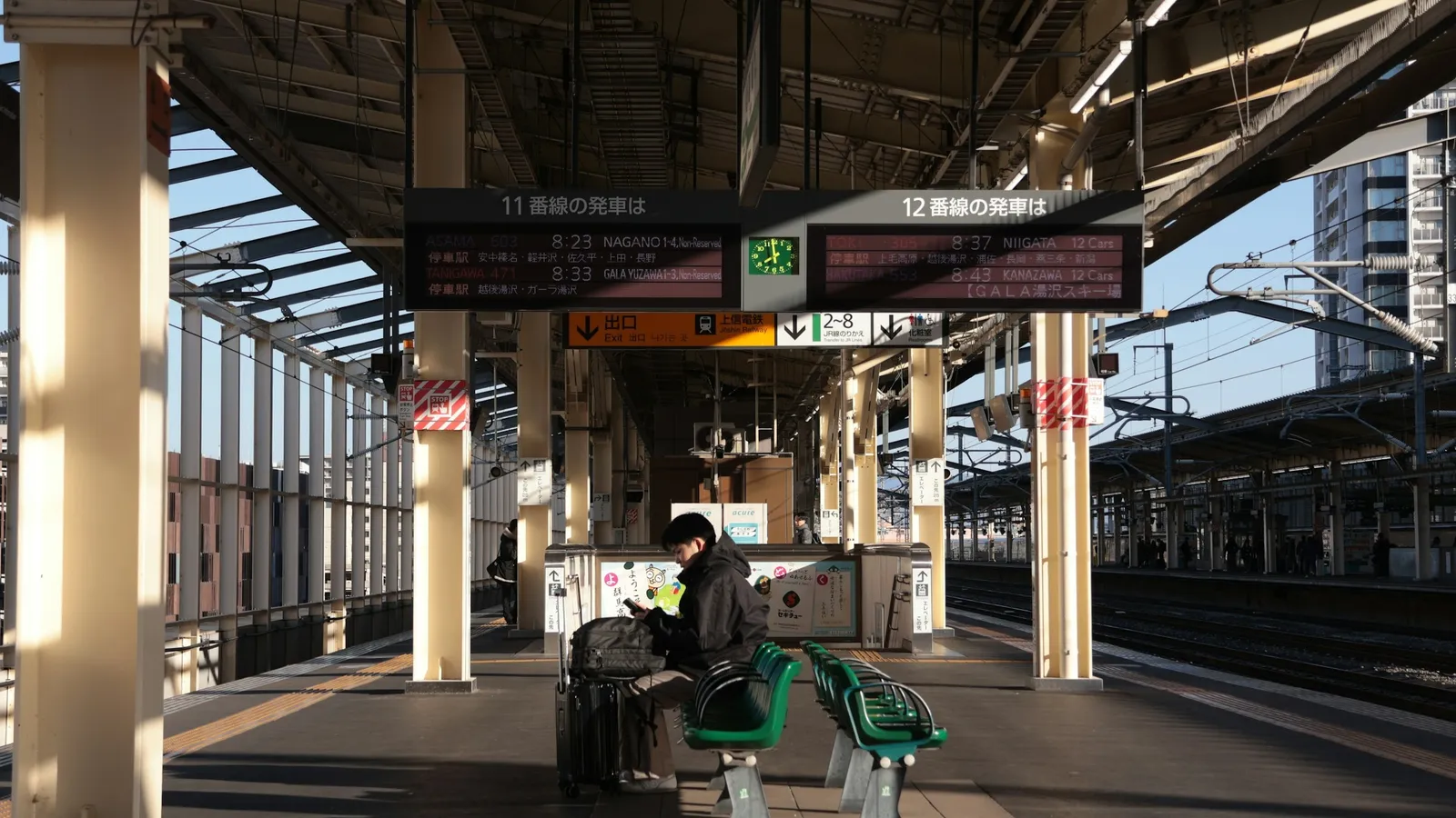 Traveller with luggage on a railway platform