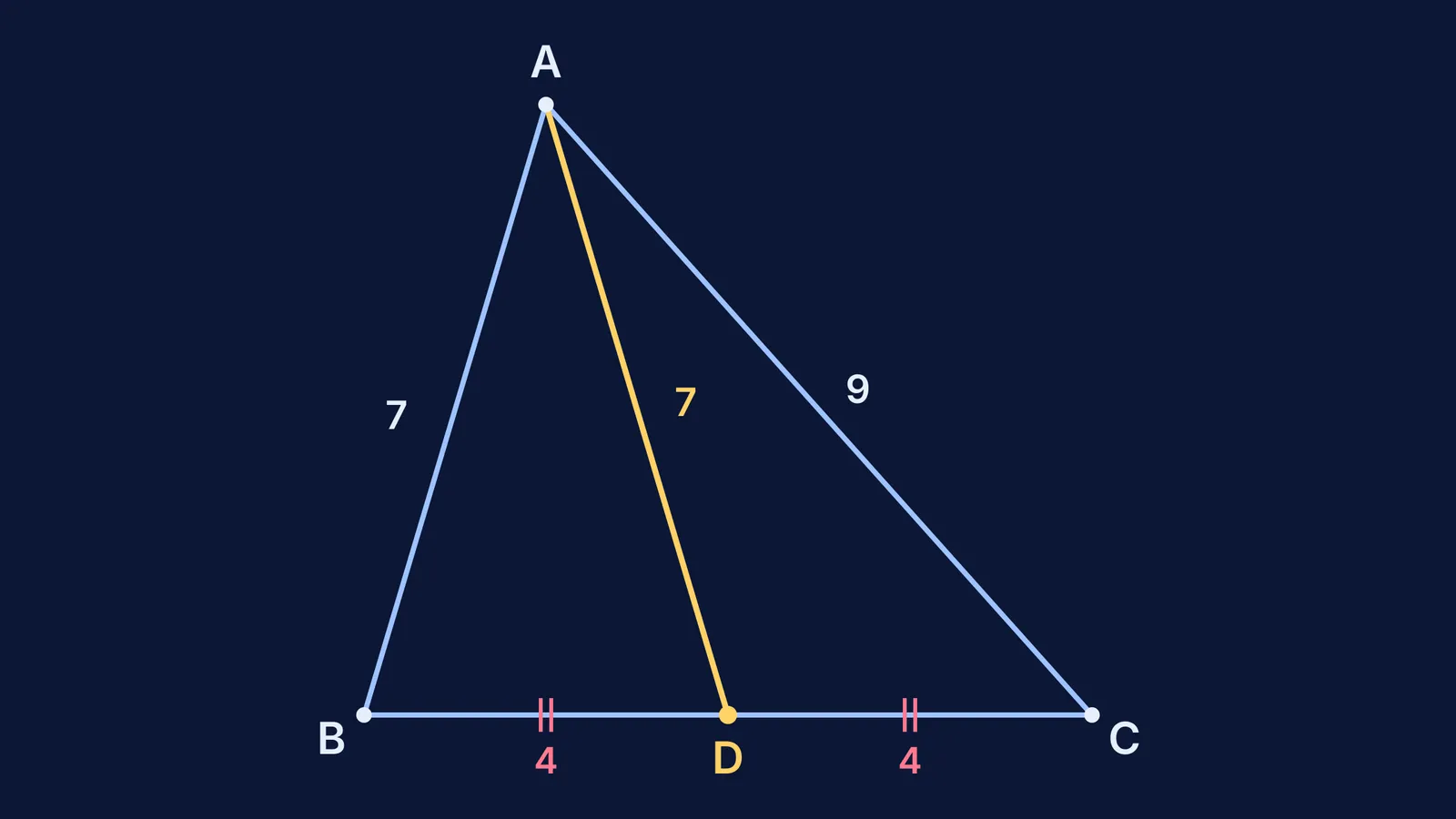 Triangle with sides 7, 8 and 9 and its median of length 7
