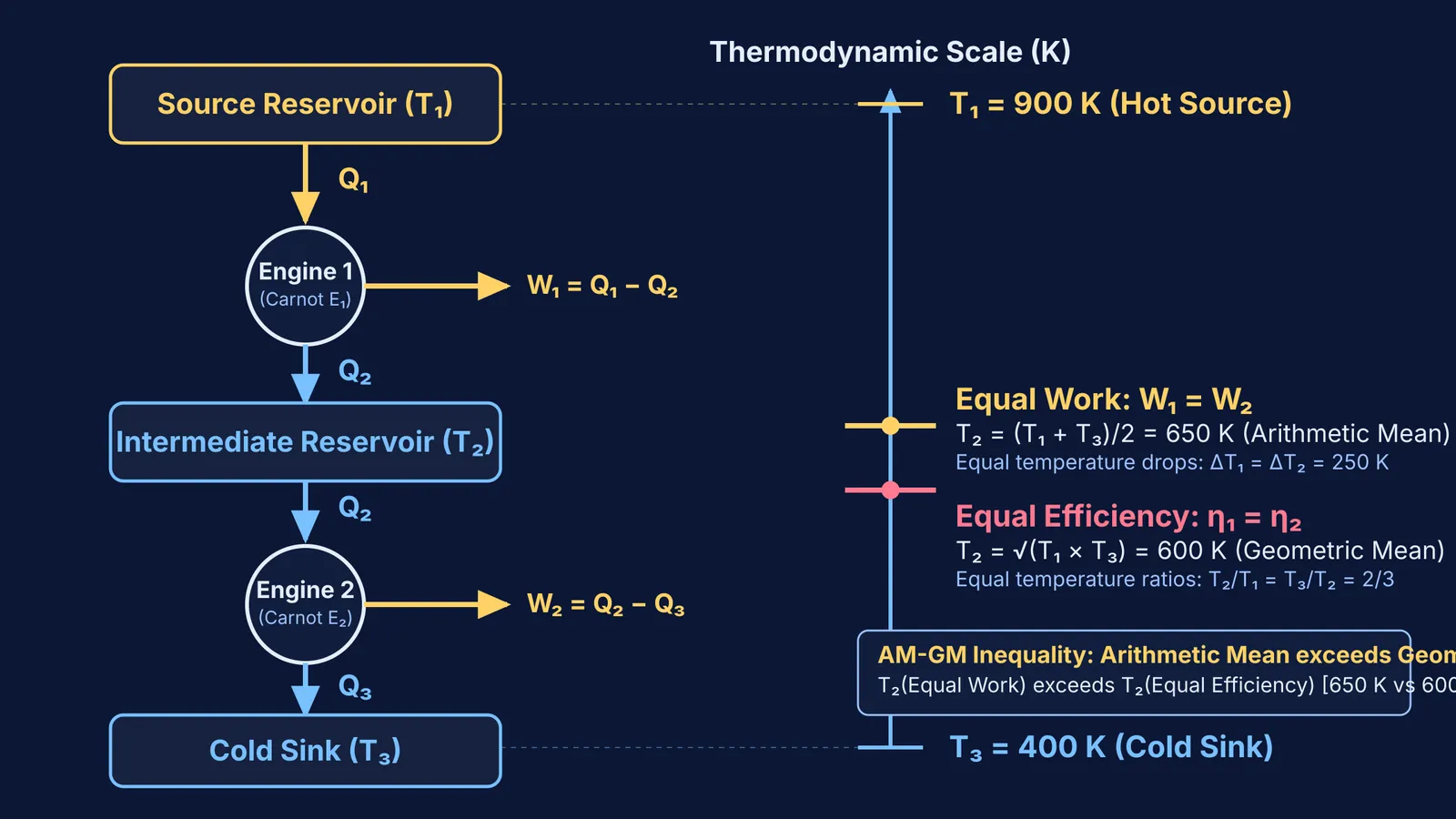 Two Carnot engines in series showing intermediate temperatures for equal work and equal efficiency