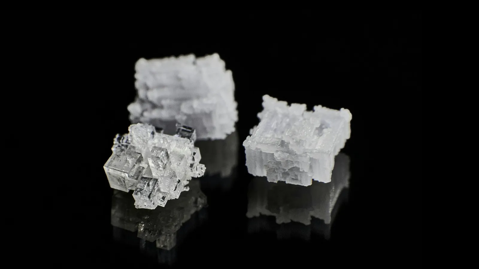 Two clumps of white crystals on a black background