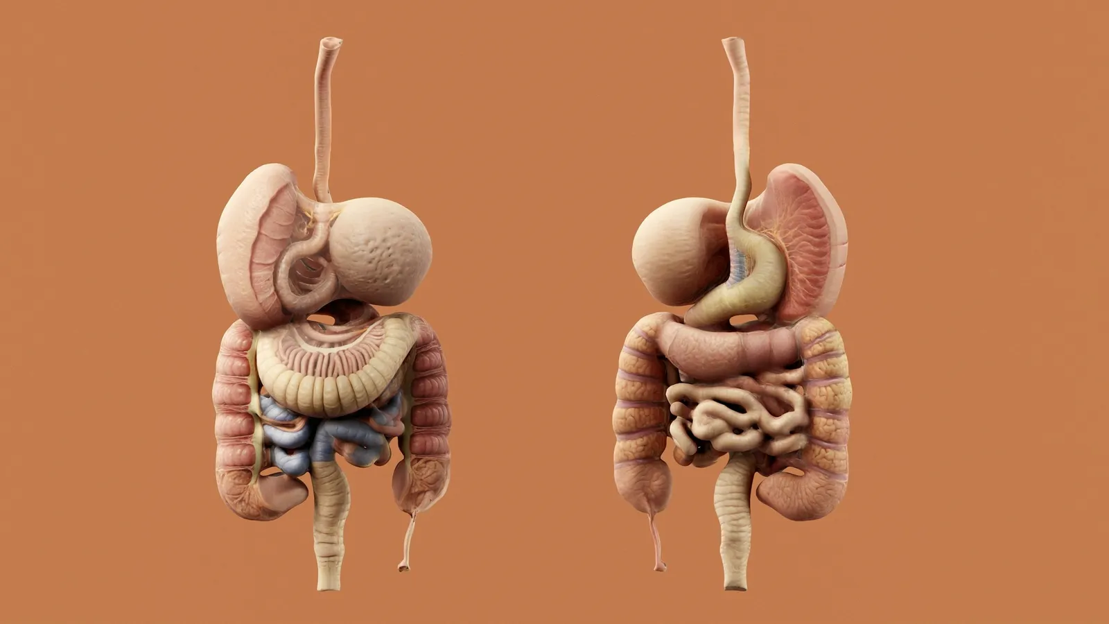 Two models of the human digestive organs on an orange background