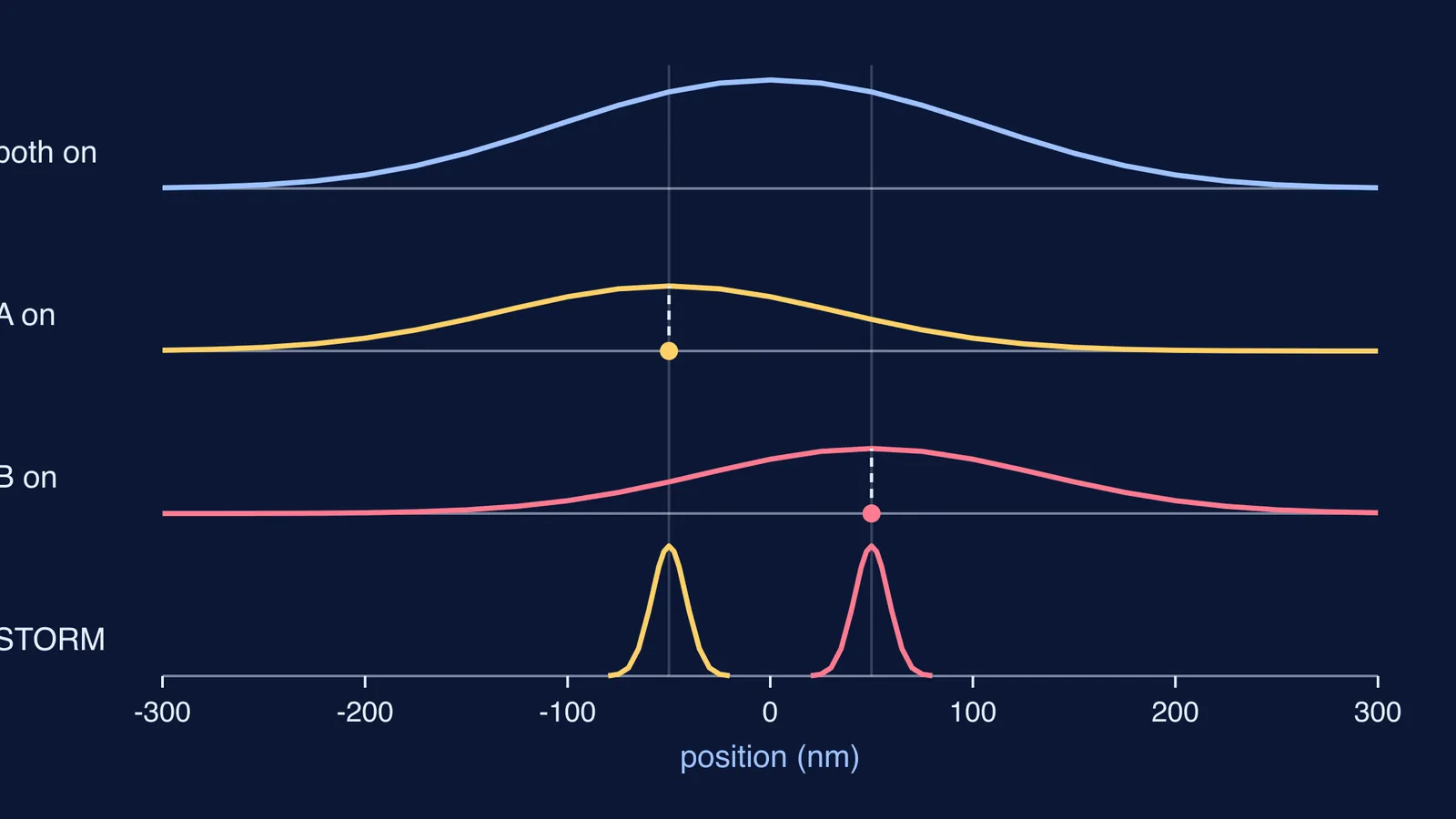 Two overlapping blur curves separate when molecules glow one at a time