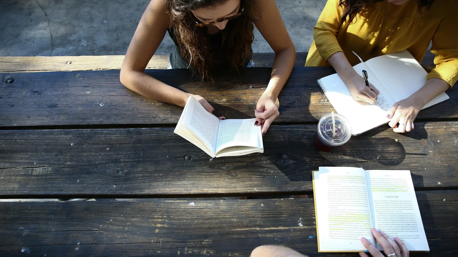 Two people reading books and taking notes at a picnic table