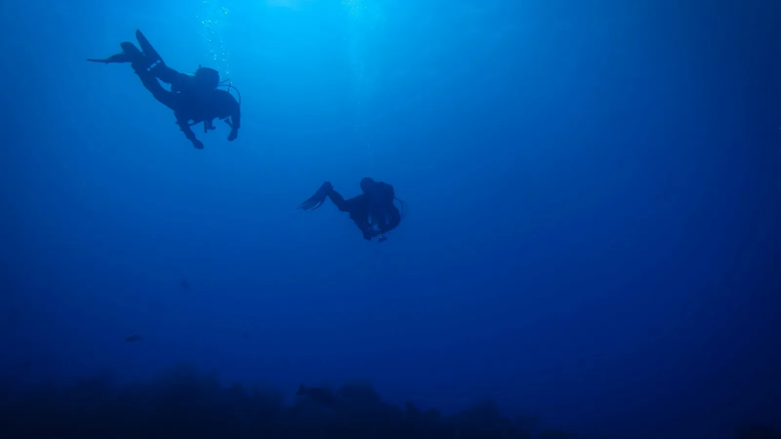 Two scuba divers descending into deep blue water