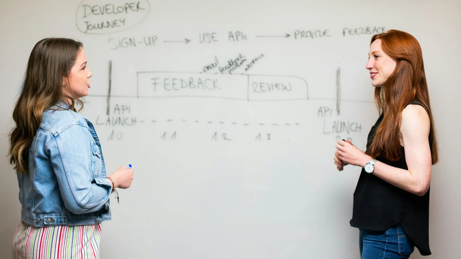 Two students explaining ideas to each other at a whiteboard