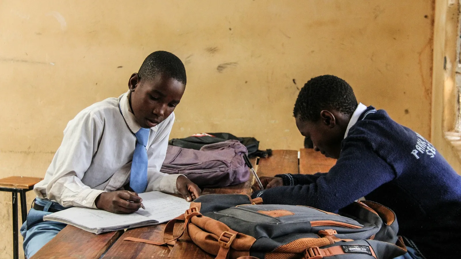 Two students working together at a classroom desk