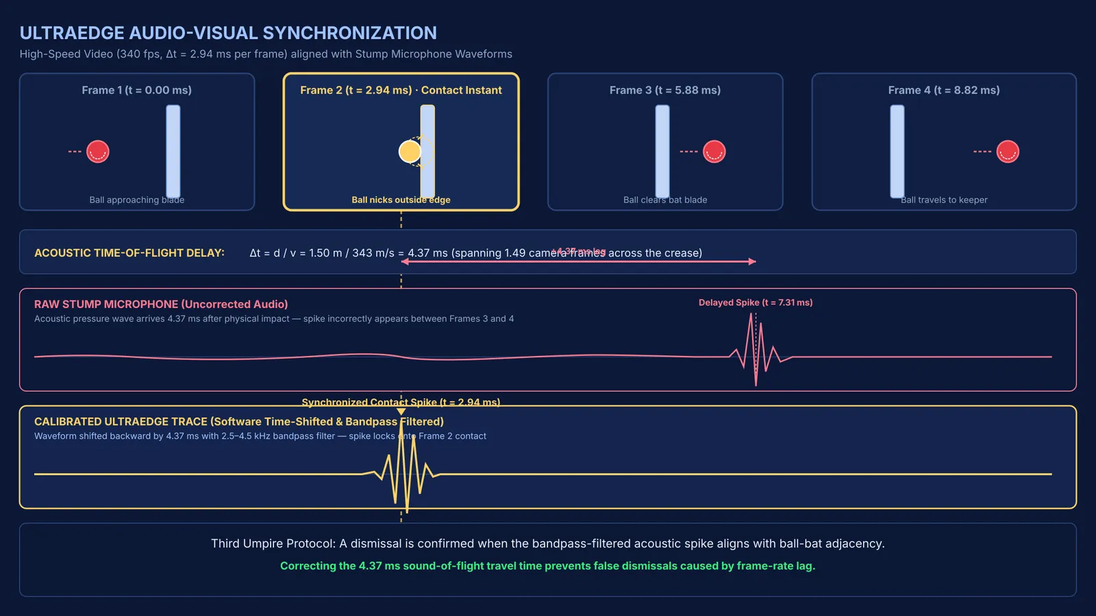 UltraEdge diagram aligning high-speed video frames with calibrated sound wave pressure spikes.