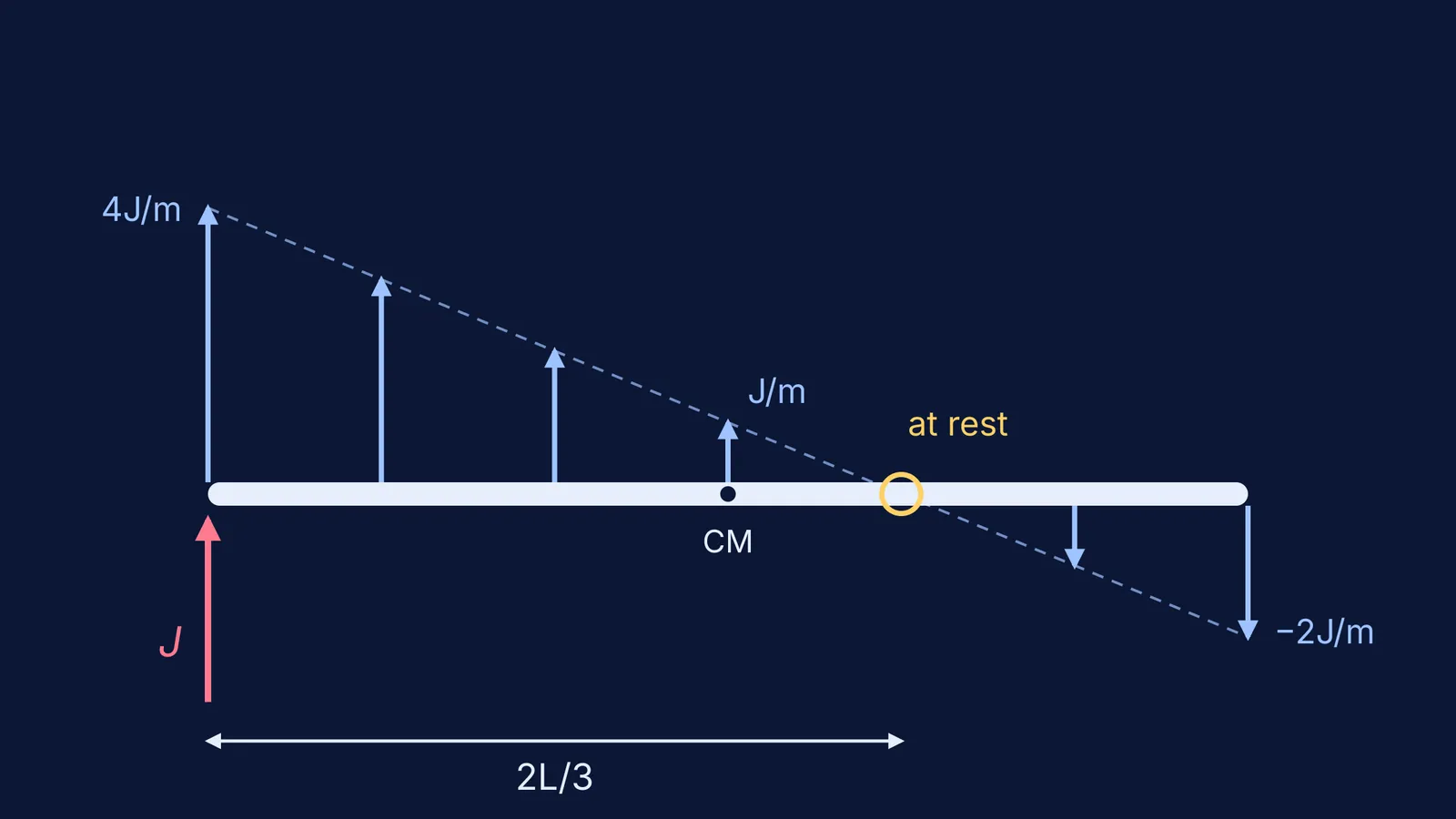 Velocity arrows along a struck rod, zero at two-thirds of its length