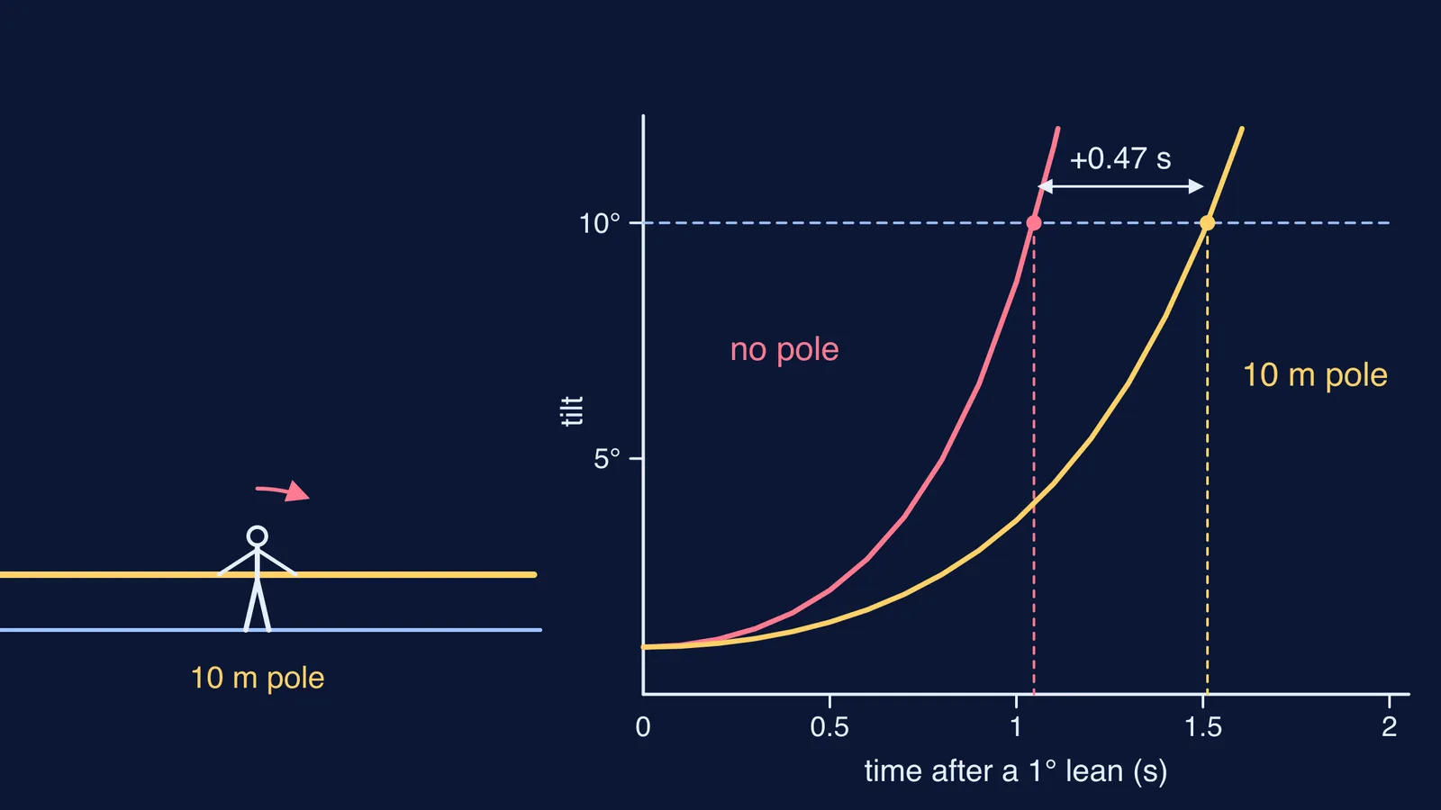 Walker holding a long pole on a rope, and tilt-versus-time curves with and without it