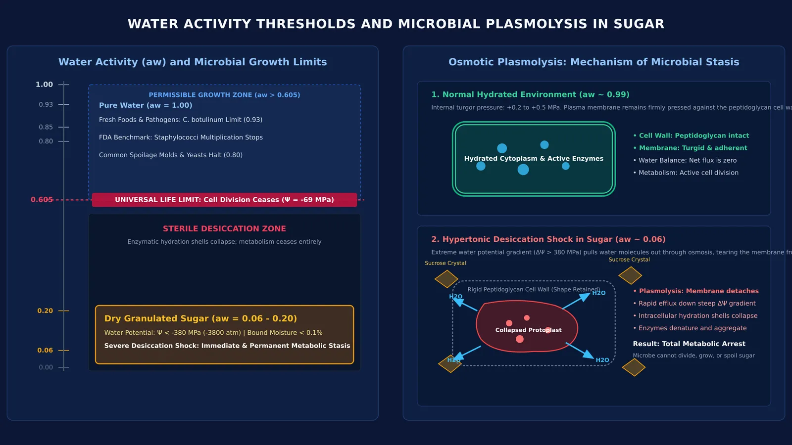 Water activity scale with microbial division threshold and osmotic plasmolysis of bacterial cell