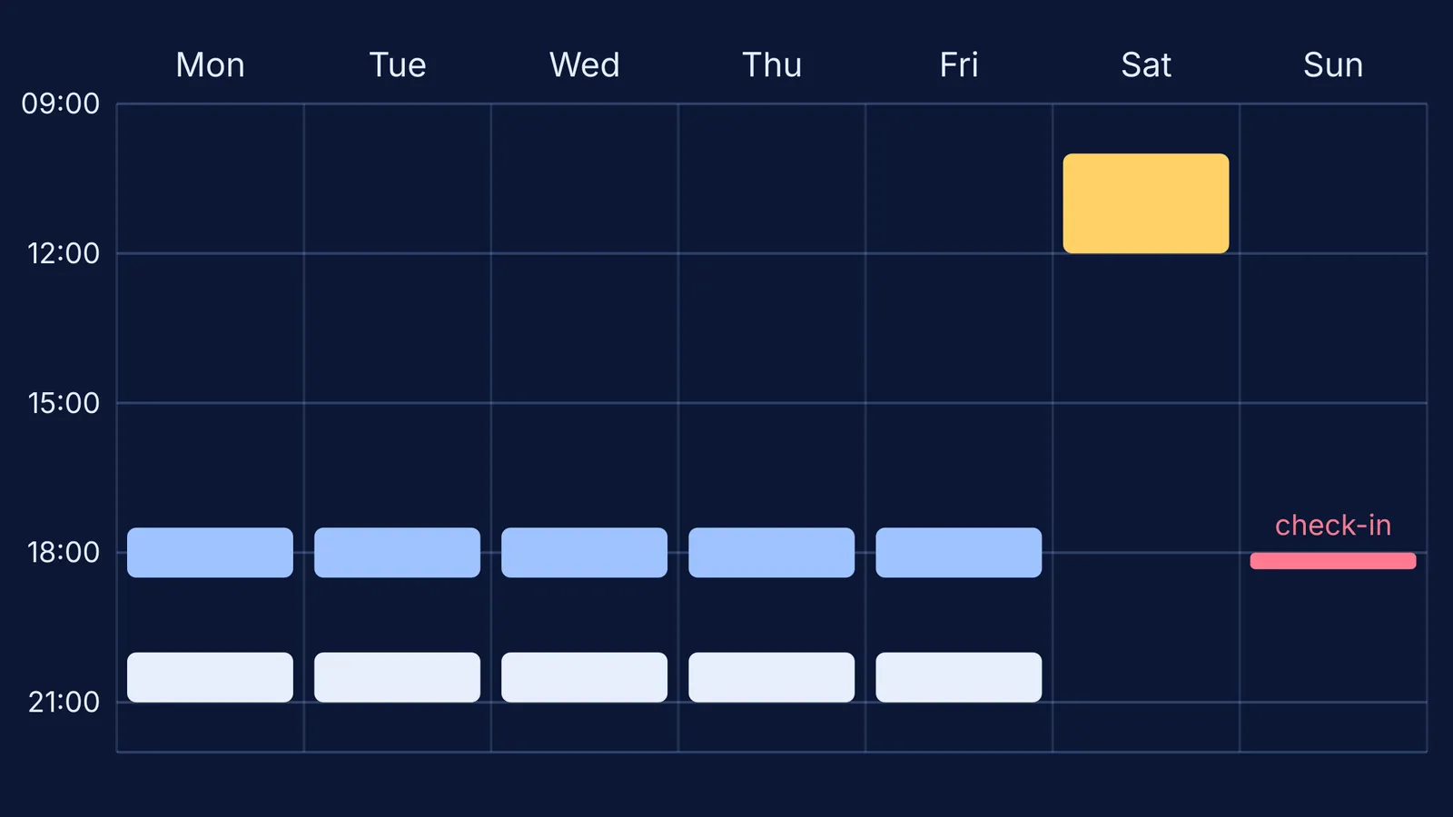 Weekly study schedule grid with evening blocks, Saturday revision and Sunday check-in