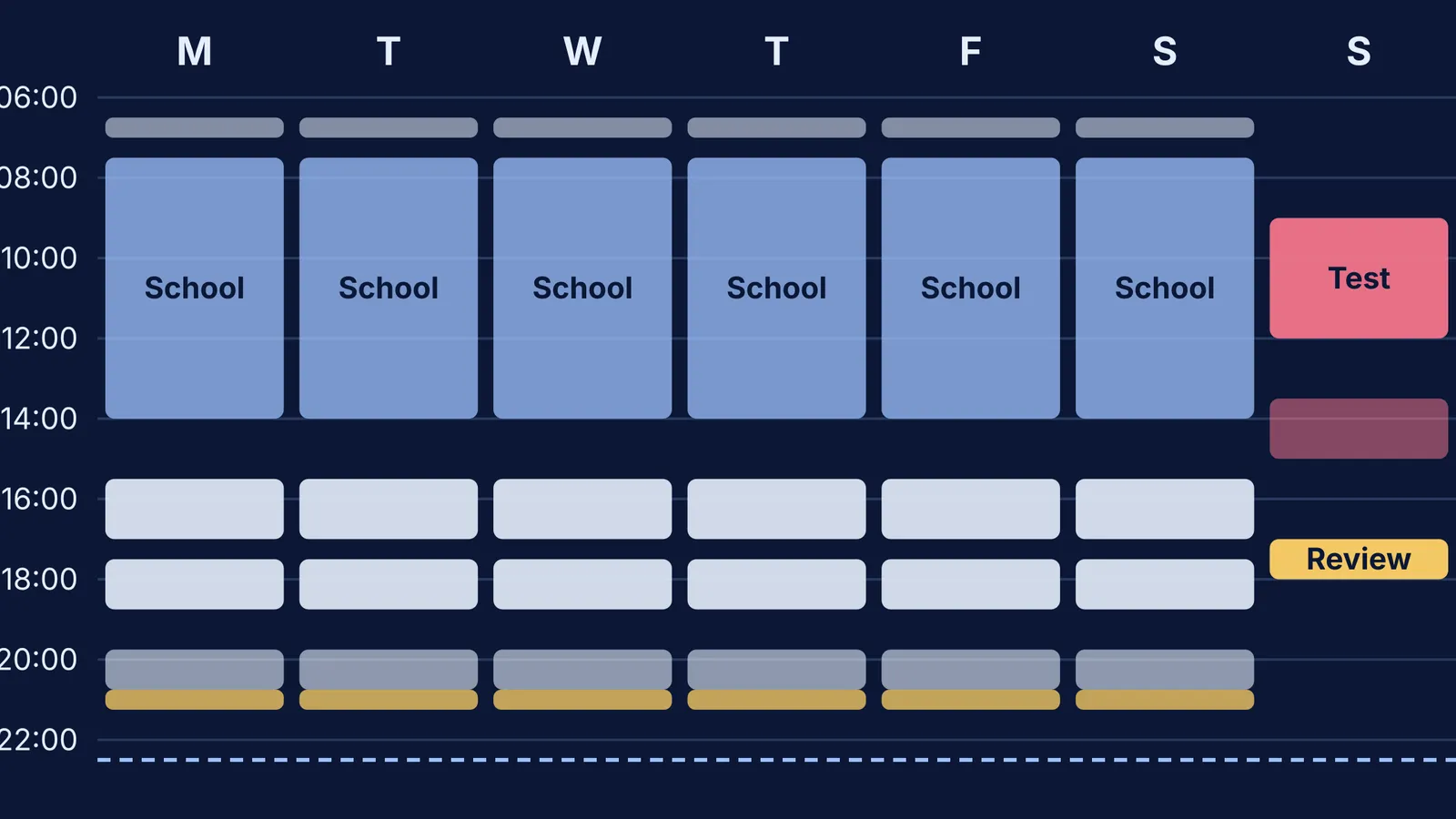 Weekly timetable grid with school, study slots, Sunday test and review