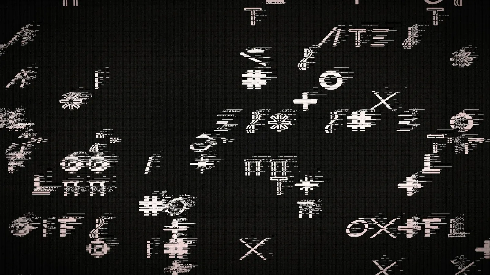 White mathematical symbols scattered on a black background