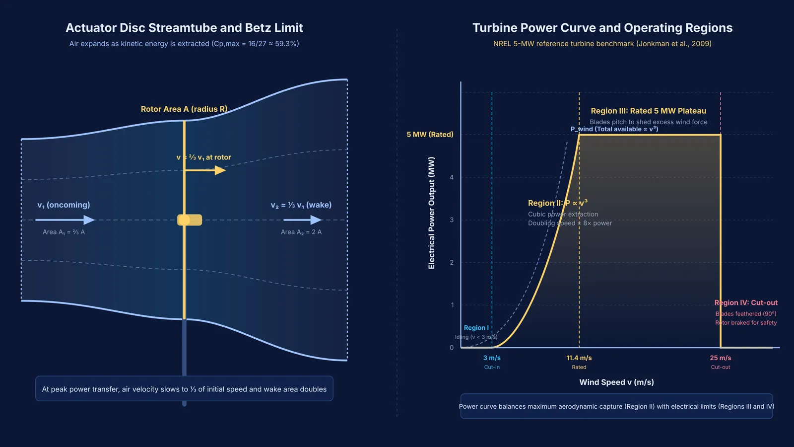 Wind turbine aerodynamic stream tube and power curve showing cut-in, rated, and cut-out speeds.
