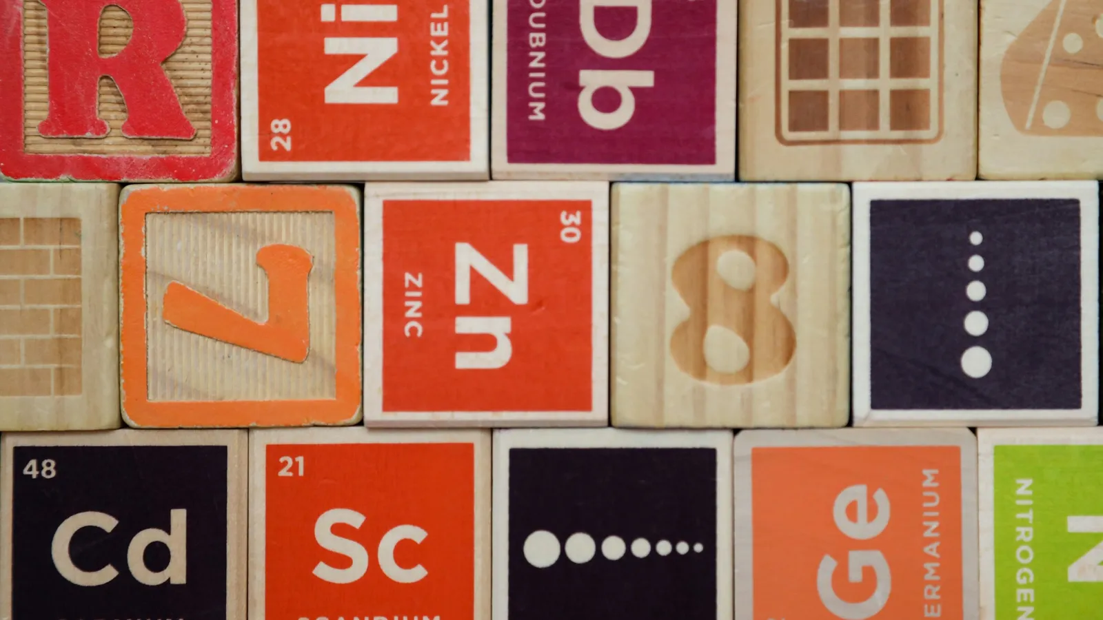 Wooden blocks printed with chemical element symbols