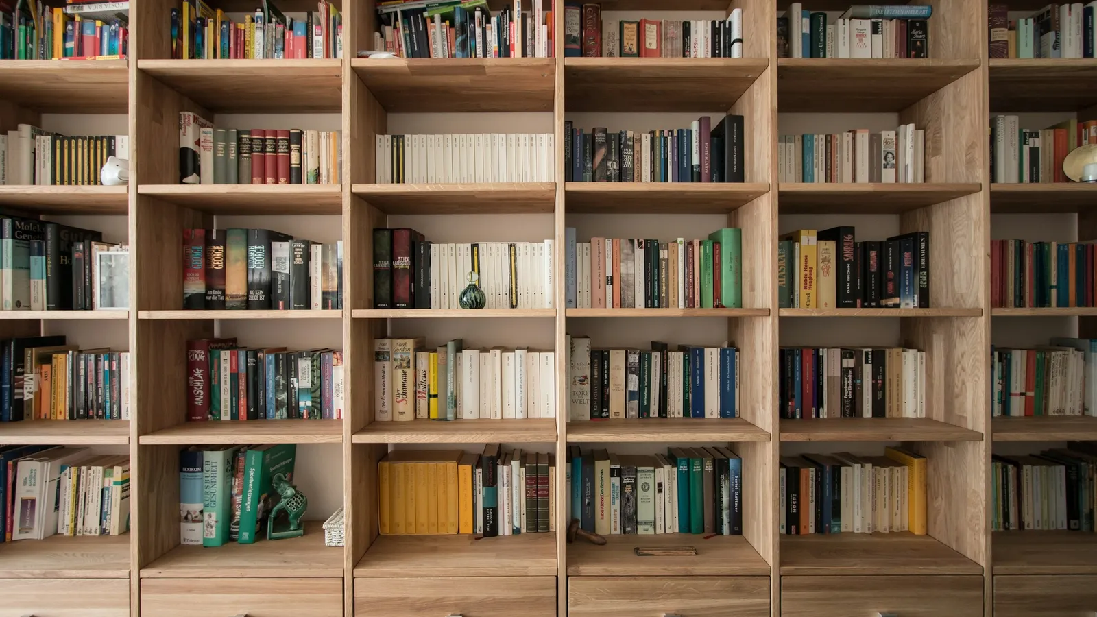 Wooden bookshelves filled with neatly arranged books