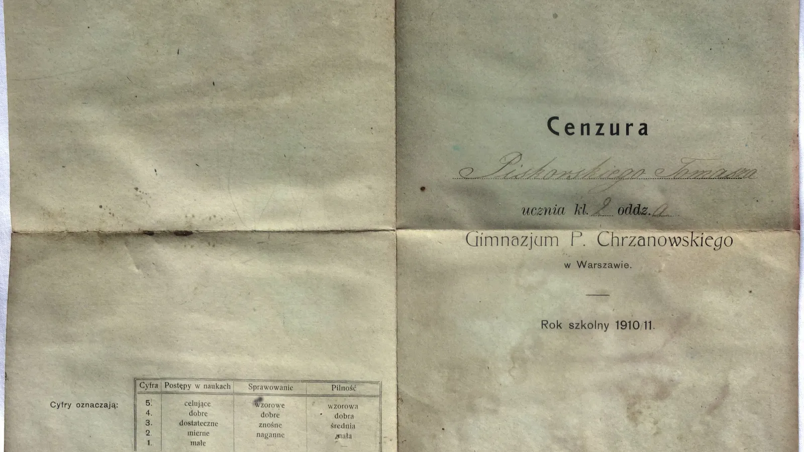 Worn Polish school report card from 1911, unfolded flat with grading key