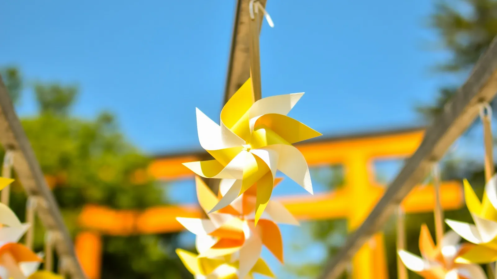 Yellow and white paper pinwheels against a blue sky