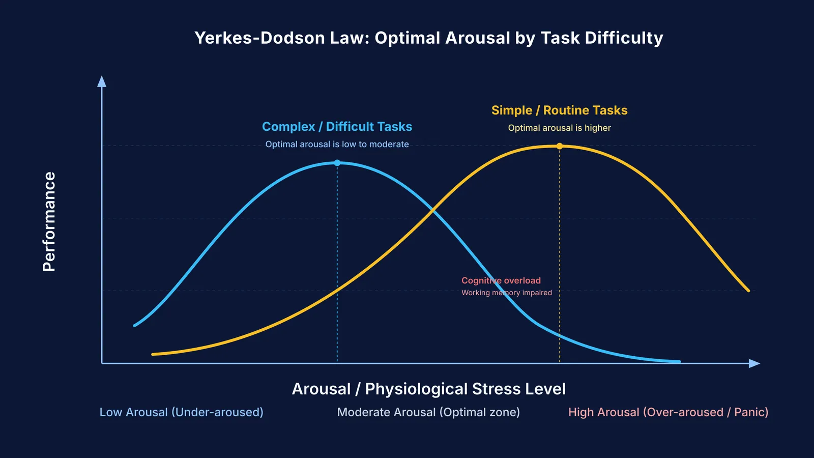 Yerkes-Dodson inverted-U curves showing lower optimal arousal for complex tasks than simple tasks