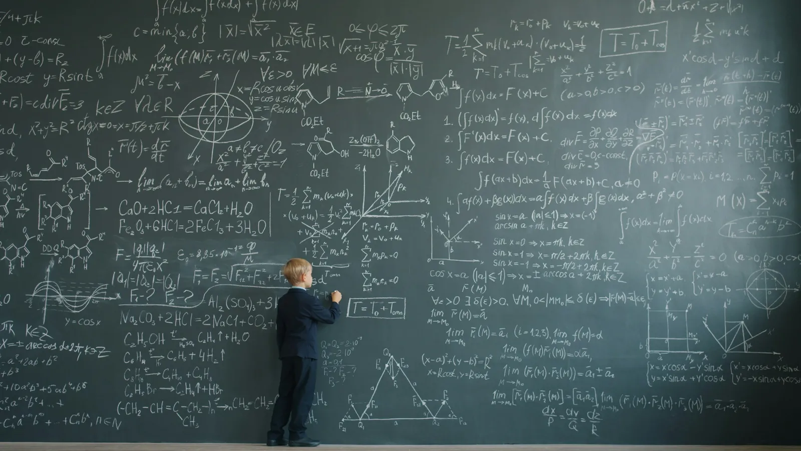 Young boy writing at a huge chalkboard covered in equations