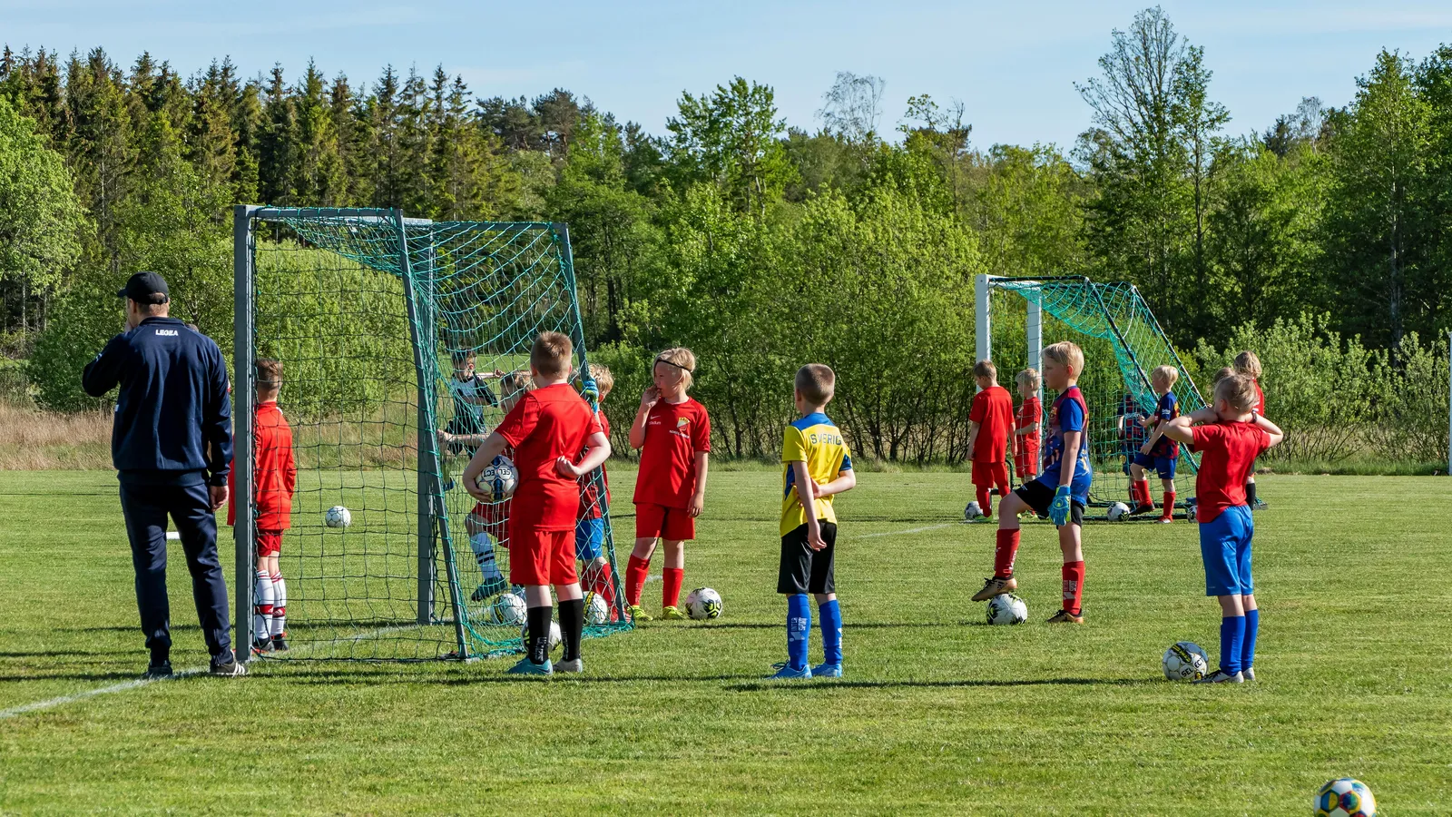 Young children in football kits with balls at a training session beside a goal